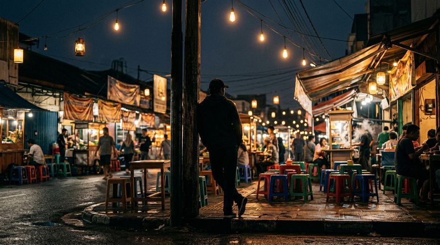 Siluet pria bersandar di tikungan pasar malam Indonesia di bawah satu lampu jalan yang hangat