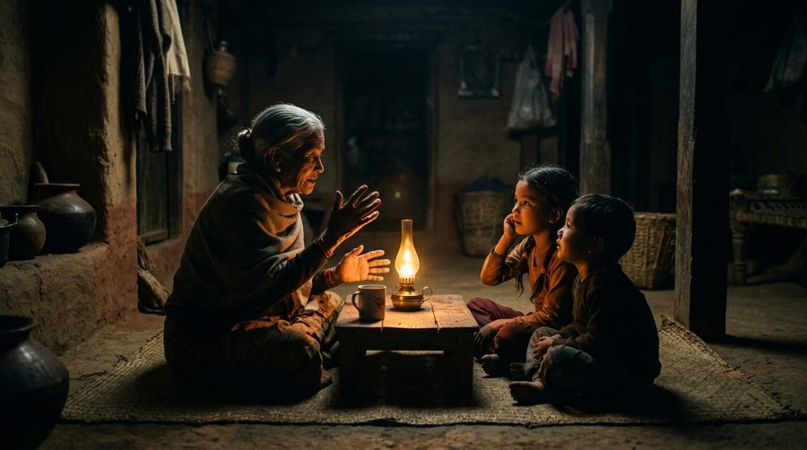 Siluet keluarga kakek menceritakan kisah kepada anak-anak di sekitar lampu kecil dalam ruangan gelap