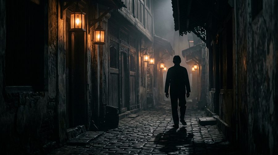 Gang kota tua Indonesia di malam hari dengan bayangan sosok tinggi berjalan melewati lentera yang menyala hangat