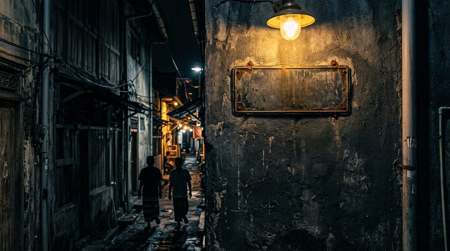 Plang nama jalan tua yang kosong di dinding gelap gang Indonesia dengan cahaya lampu jalan hangat